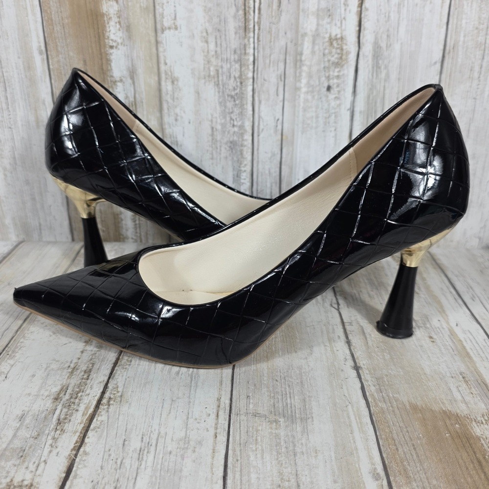 Liyuanmexie Black Quilted Patent Pointed Toe Pump Gold Accent Heel Size 41 US 10 - Picture 1 of 8